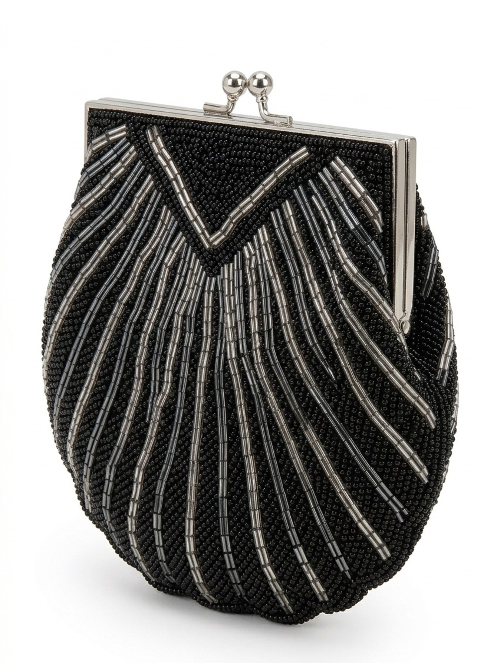 Vintage Handmade Black Beaded Shell Clutch with Silver  Hideaway Chain